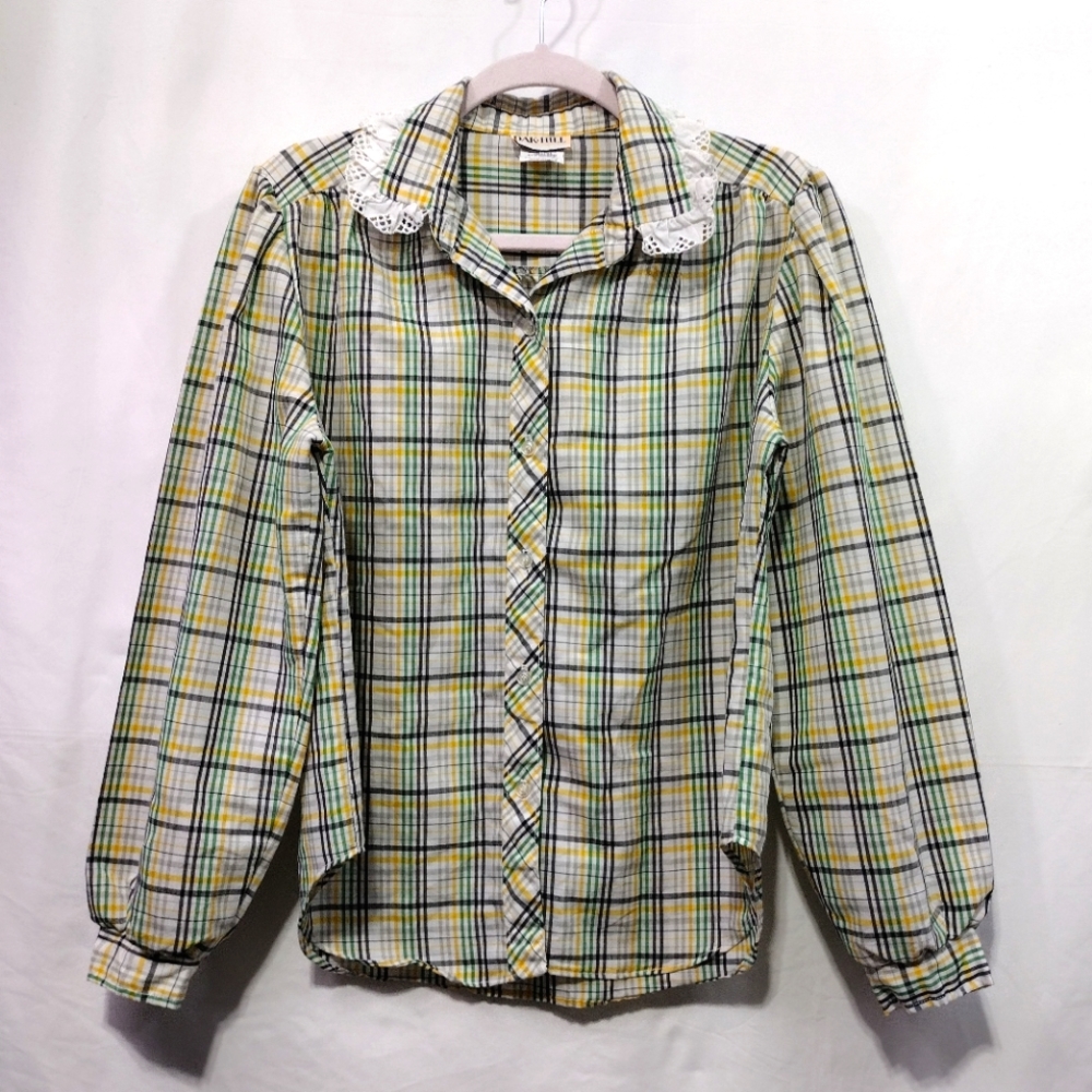 Vintage Oak Hill Babydoll Shirt Womens 12 Green Lace Preppy Academia Retro 90s - Picture 1 of 8